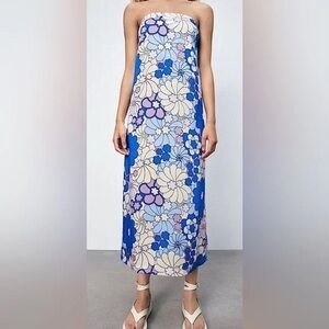 Zara Strapless Floral Midi Dress in Blue and Cream
